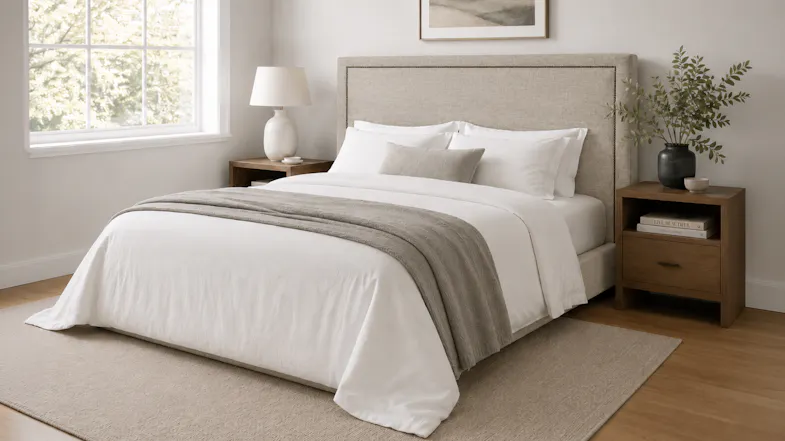 A modern bedroom setting featuring an upholstered bed with white bedding A modern bedroom setting featuring an upholstered bed with white bedding